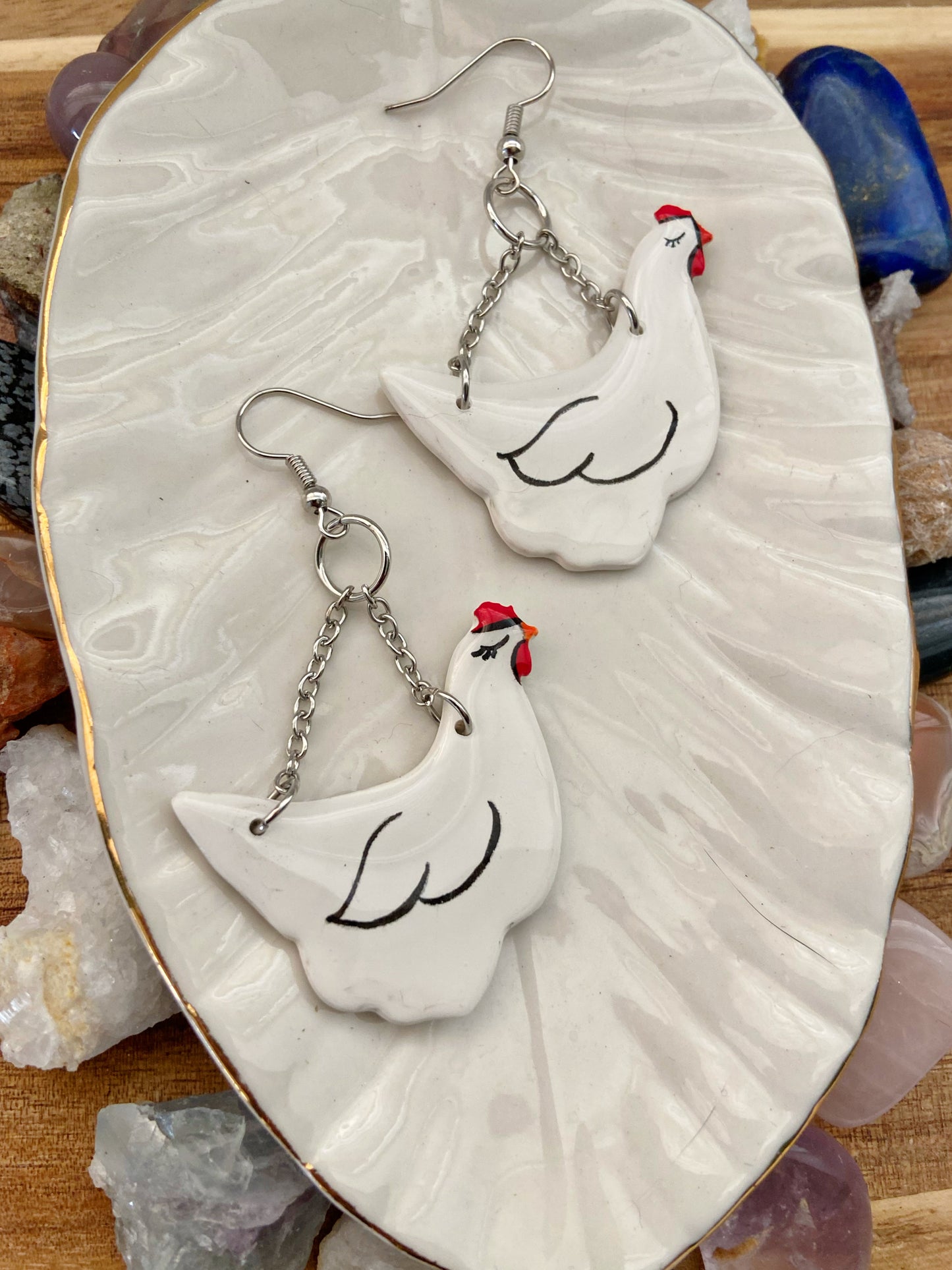 Flying Chickens - Handpainted polymer clay chicken earrings with stainless steel chain