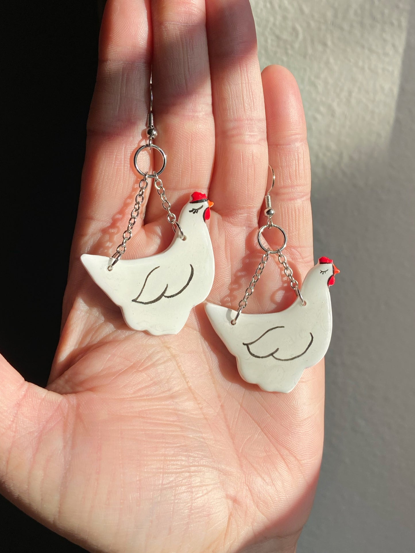 Flying Chickens - Handpainted polymer clay chicken earrings with stainless steel chain