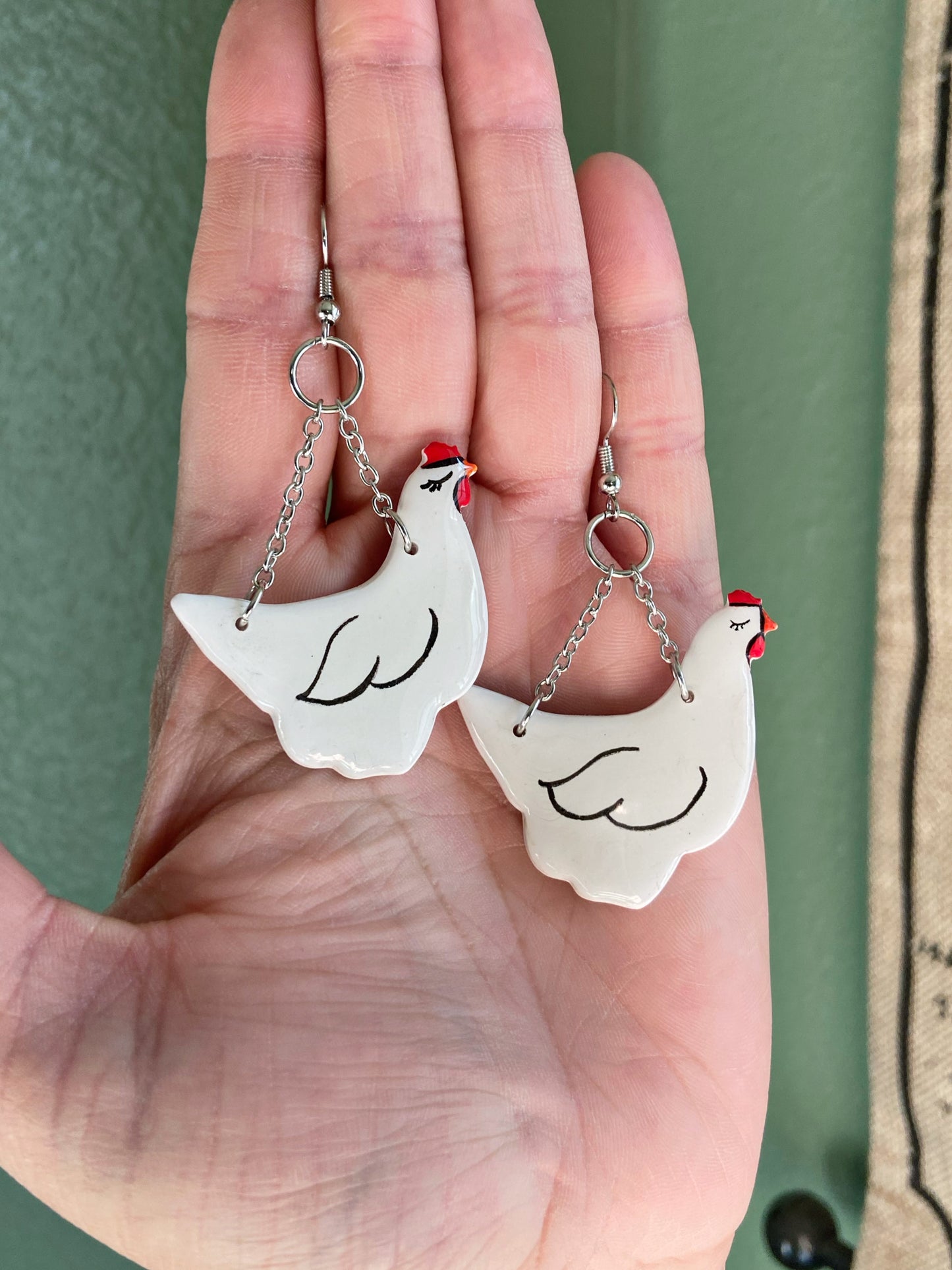 Flying Chickens - Handpainted polymer clay chicken earrings with stainless steel chain