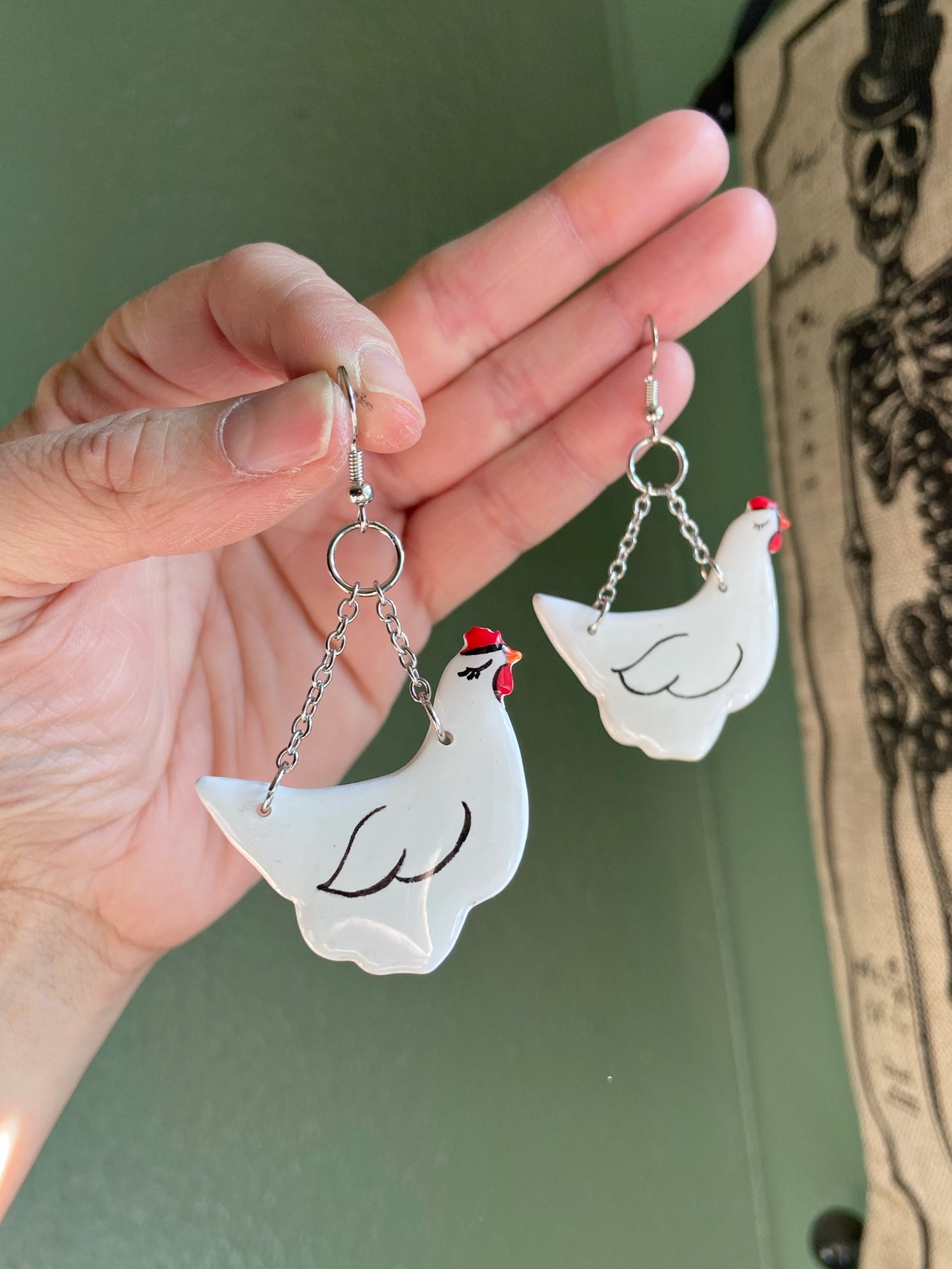 Flying Chickens - Handpainted polymer clay chicken earrings with stainless steel chain