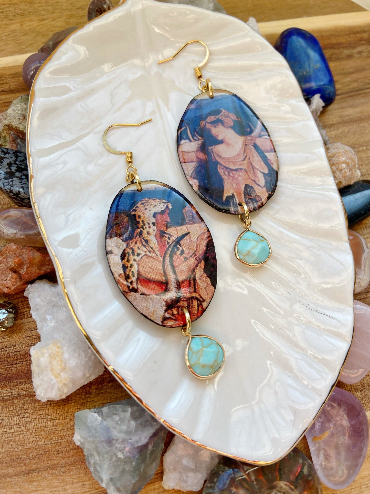 Vintage Postcard - Oval upcycled paper earrings with faux turquoise stone dangle