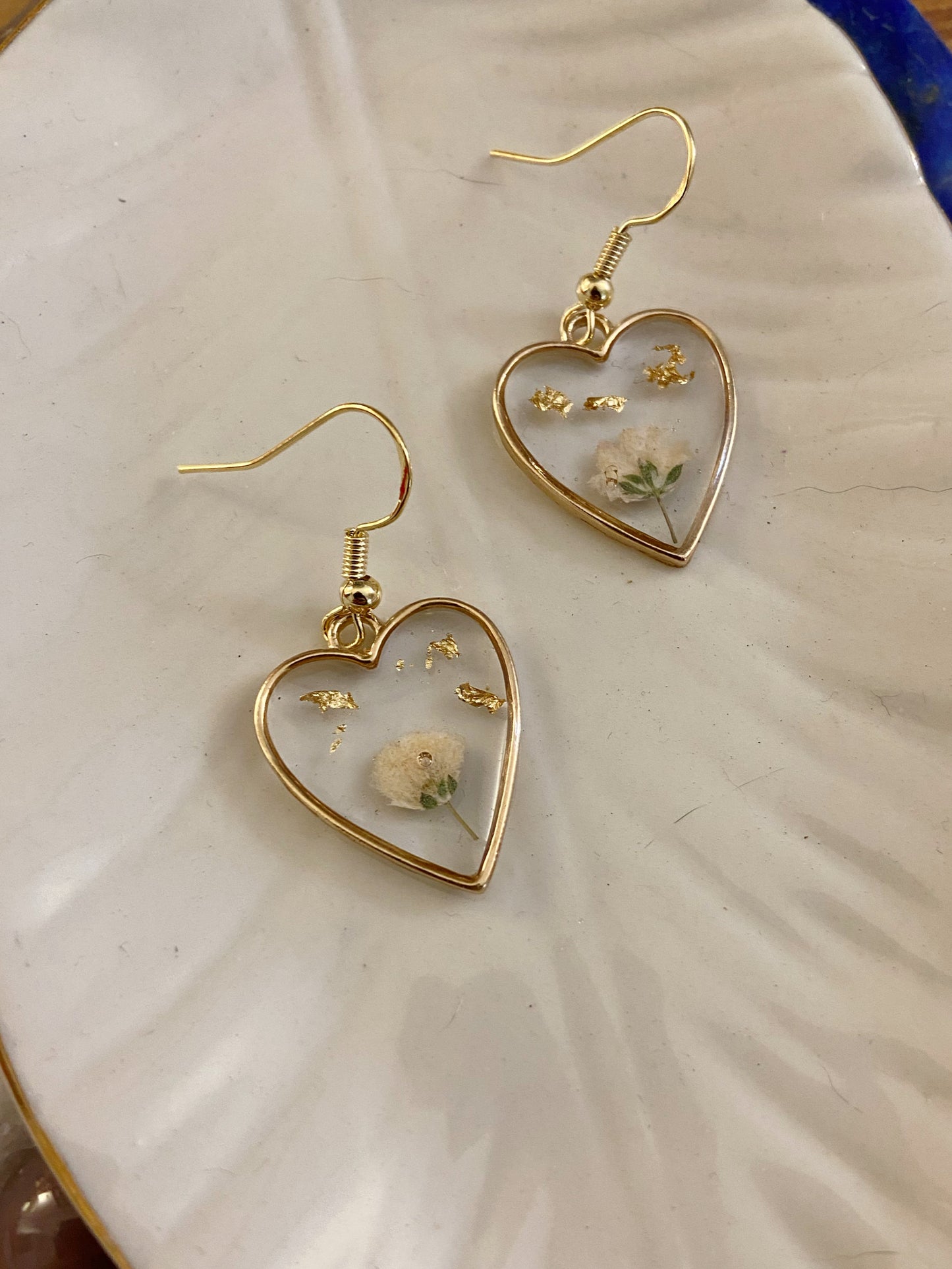 Baby's Breath - Real preserved flowers & gold flake inside gold open heart earrings, botanical plant jewelry