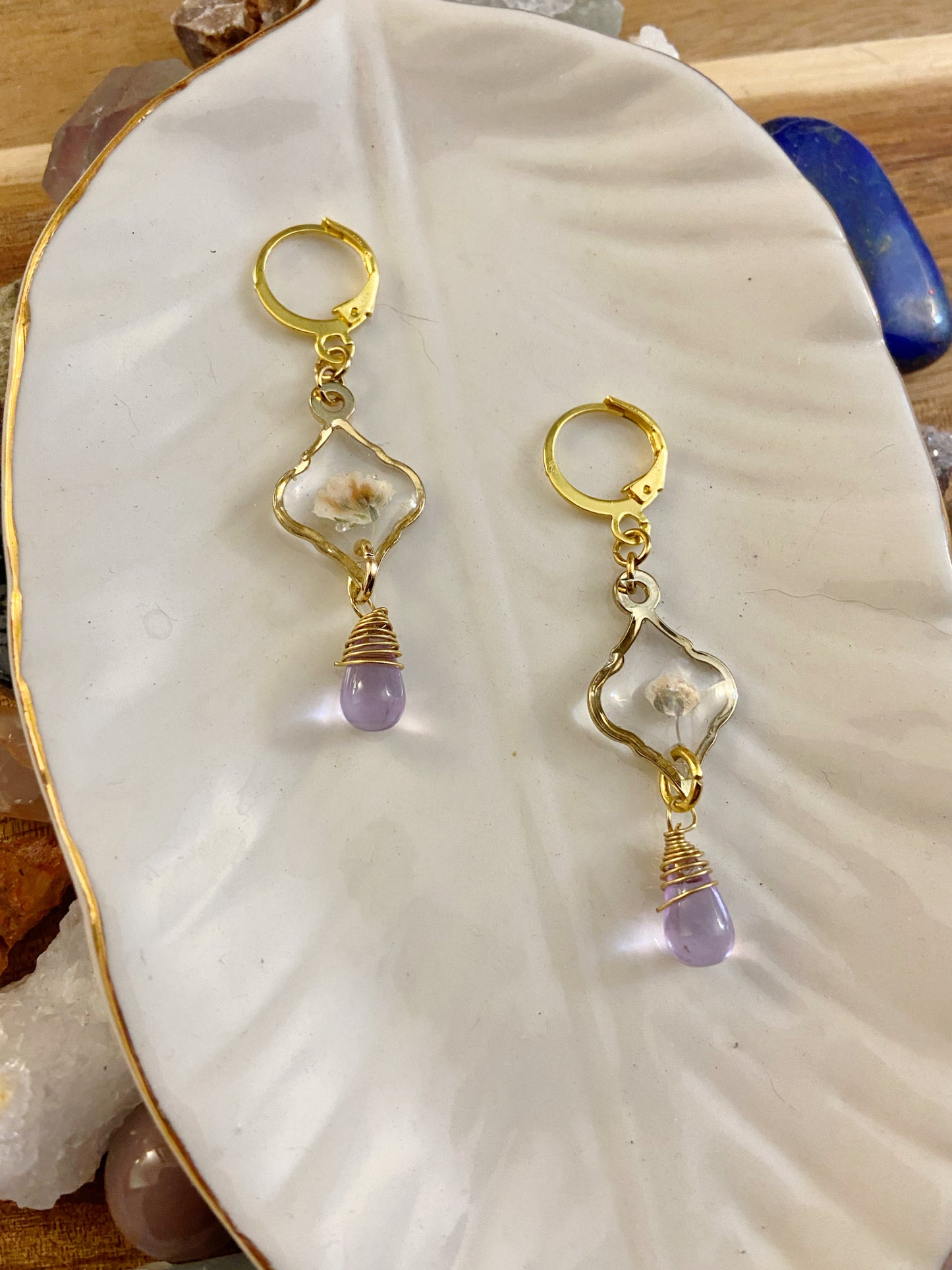 Baby's Breath - Real white pressed flowers inside moroccan tile shaped gold earrings with pale lavender teardrop glass beads