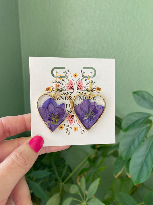 Larkspur- Purple pressed flowers and gold flake inside open gold heart earrings, preserved botanical jewelry