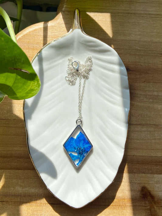 Larkspur- Blue pressed flowers in silver open diamond-shaped pendant, preserved botanical jewelry