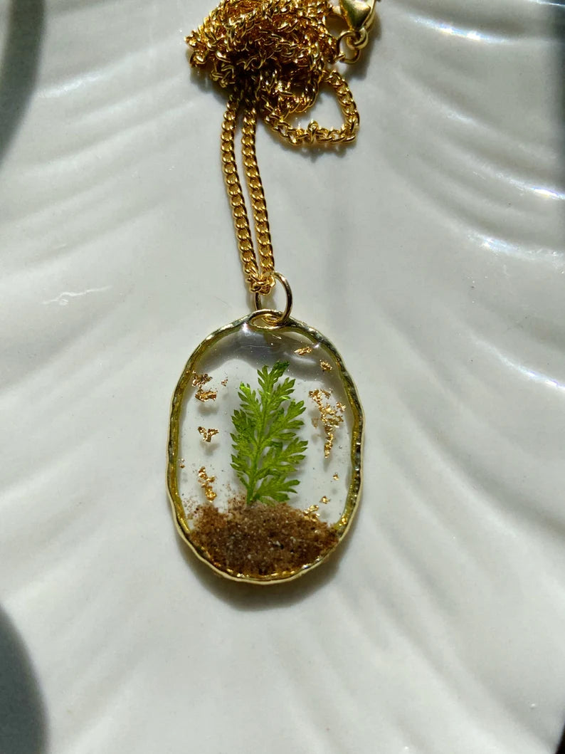 Mini Terrariums- Gold oval pendant with real soil, pressed leaves and gold flake, botanical jewelry, 17" gold plated chain included