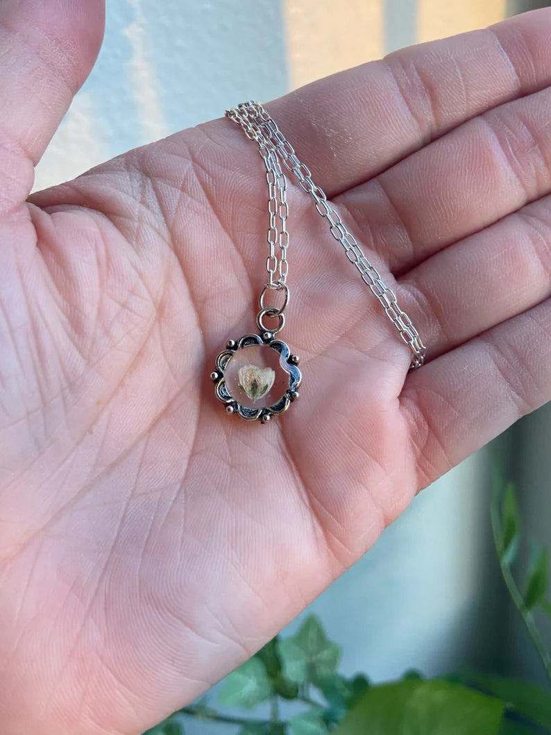 Baby's Breath- Tiny white pressed flowers in silver open flower-shaped pendant, 16" sterling silver plated chain included