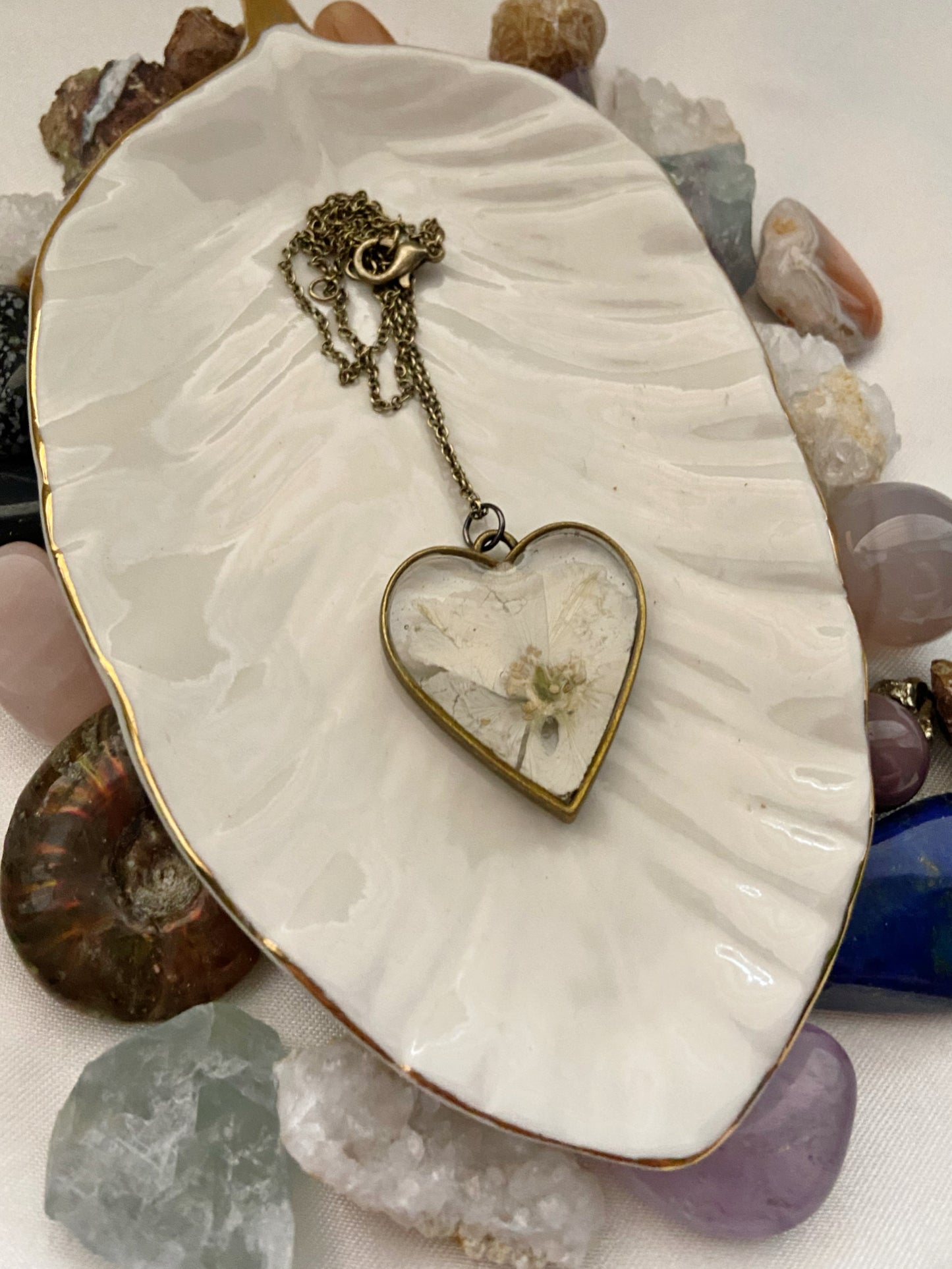 Larkspur- Pressed white flower inside large bronze open heart pendant, 16" bronze chain included