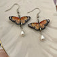 Mini Butterflies- Upcycled paper Monarch earrings with small teardrop pearl dangle