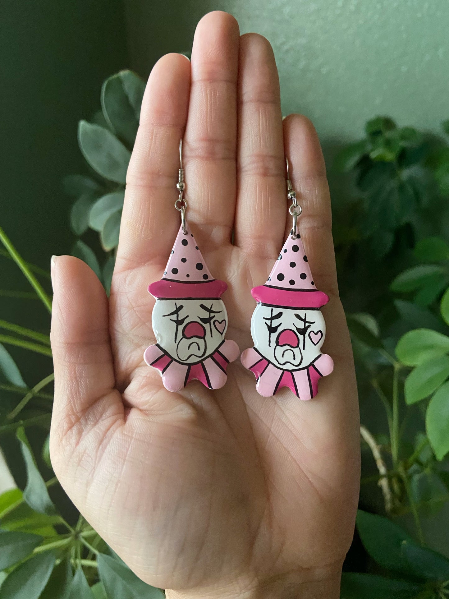 Tattoo Earrings- PINK traditional sad clown hand painted polymer clay earrings