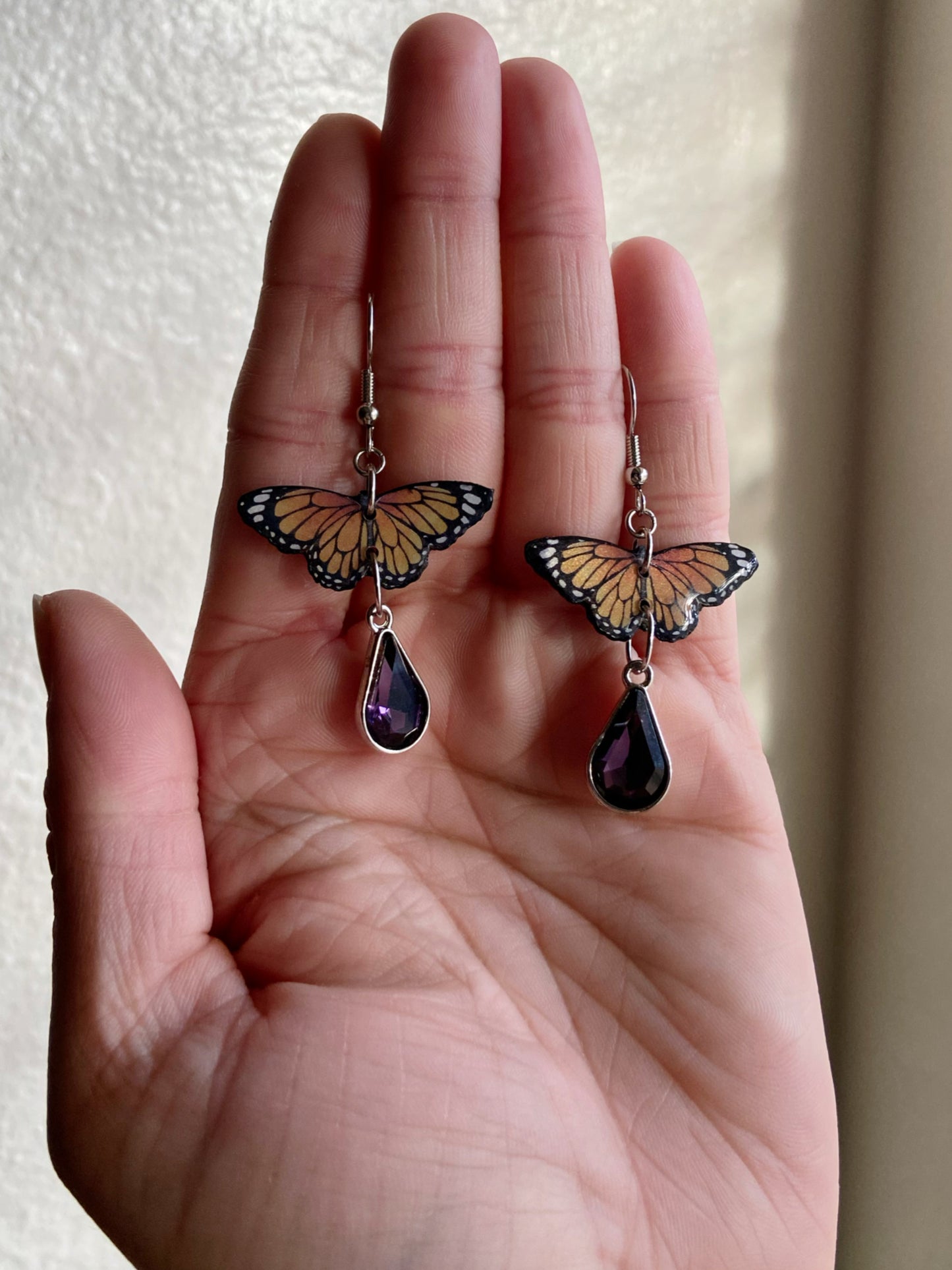 Mini Butterflies- Upcycled paper Monarch earrings with faceted purple glass bead teardrop dangle