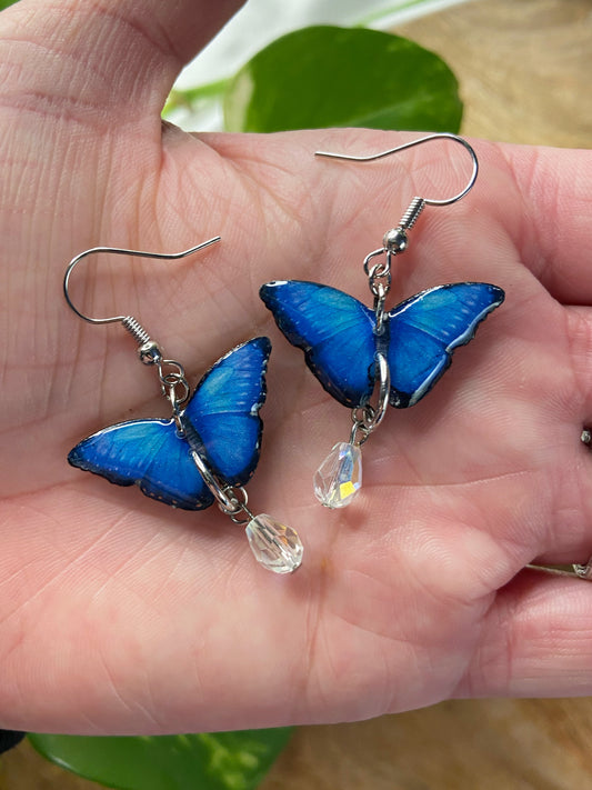 Mini Butterflies- Blue morpho upcycled paper earrings with iridescent glass bead dangle