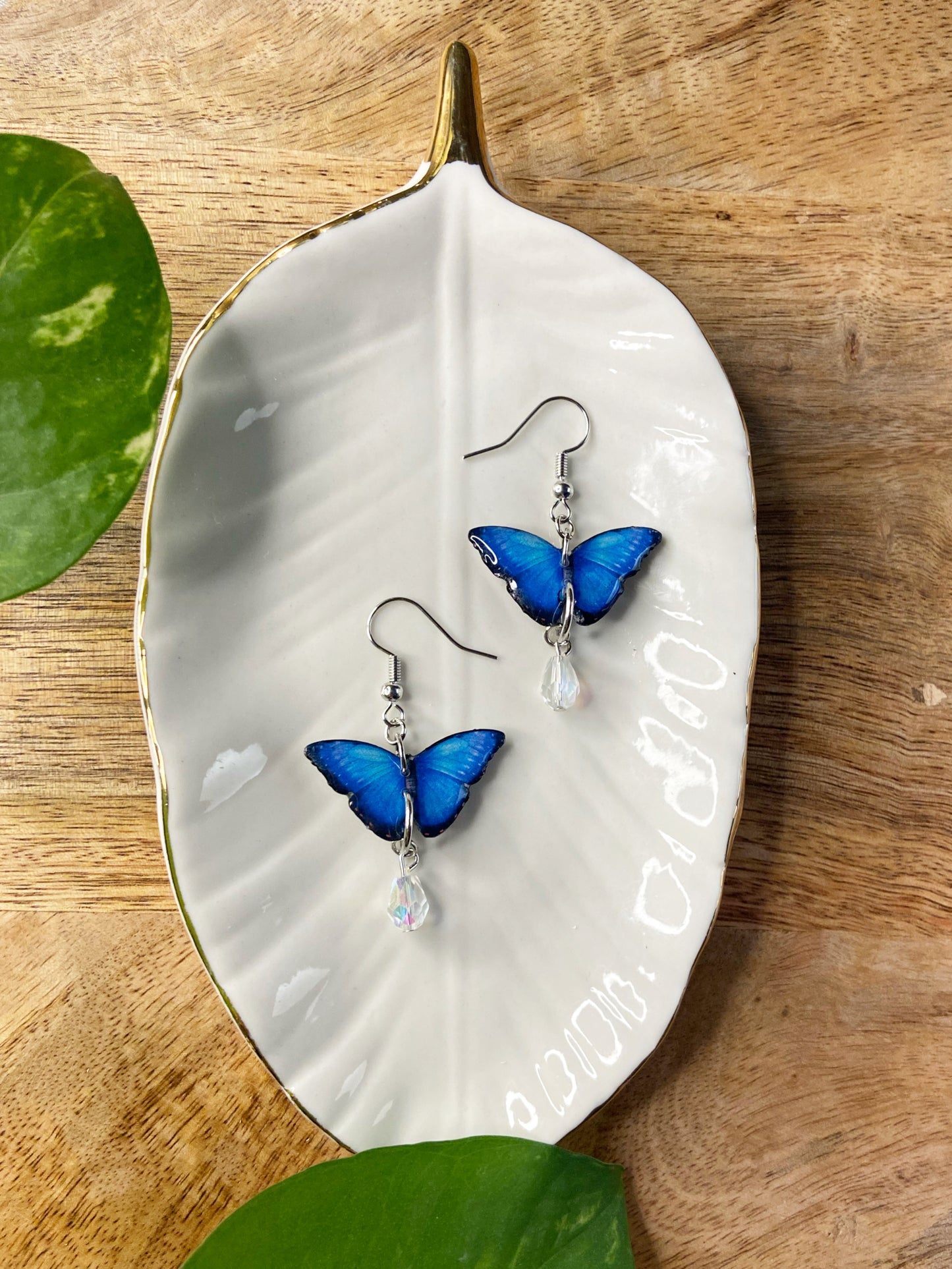 Mini Butterflies- Blue morpho upcycled paper earrings with iridescent glass bead dangle