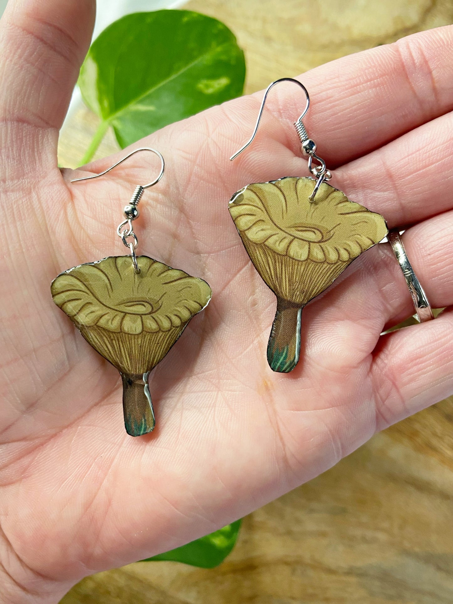 Mushies- Olive green upcycled paper earrings, fungi fairy cottage core jewelry