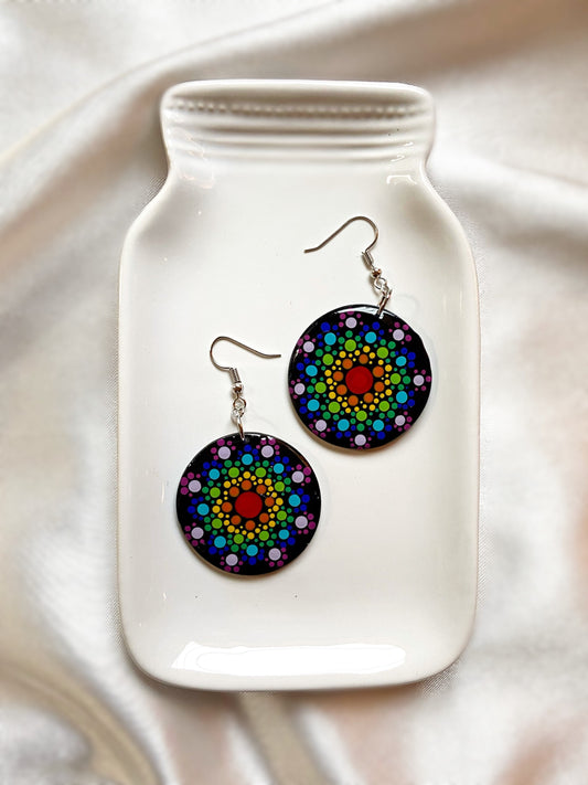 Dot Mandala- Rainbow circle earrings, pride folk art hand painted jewelry