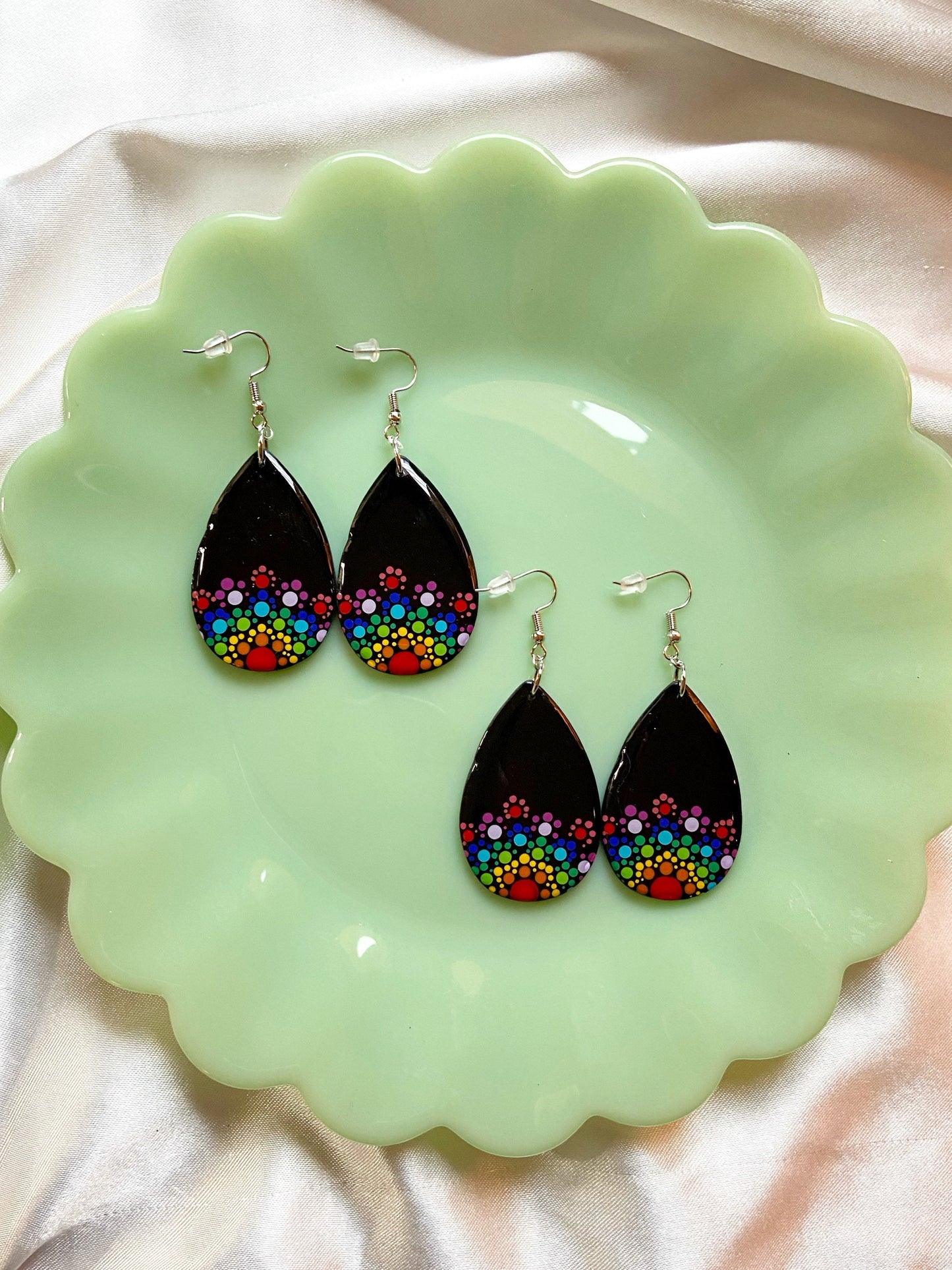 Dot Mandala- Rainbow teardrop earrings, handmade polymer clay hand dotted folk art jewelry