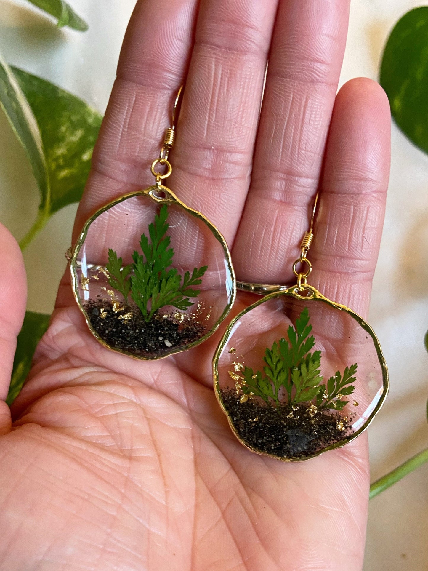 Terrariums- Soil & pressed fern earrings, preserved botanical jewelry (gold)