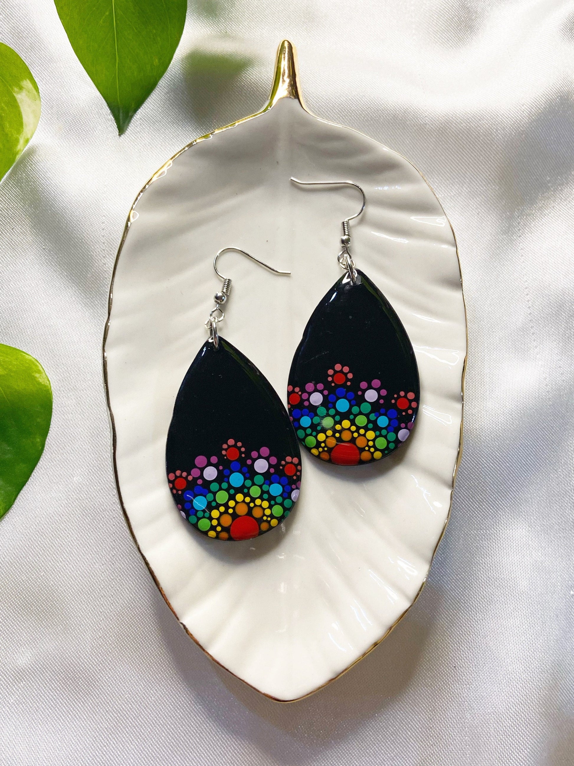 Dot Mandala- Rainbow teardrop earrings, handmade polymer clay hand dotted folk art jewelry