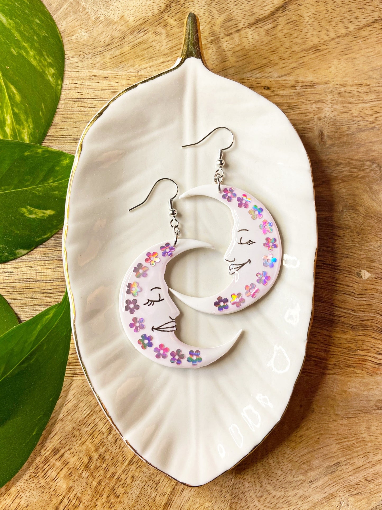 Sleepy Moons- white celestial crescent moon earrings with purple holographic flowers