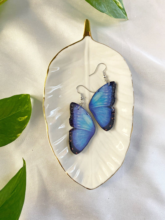 Butterfly Wings- Blue morpho upcycled paper earrings, fairy cottage core jewelry