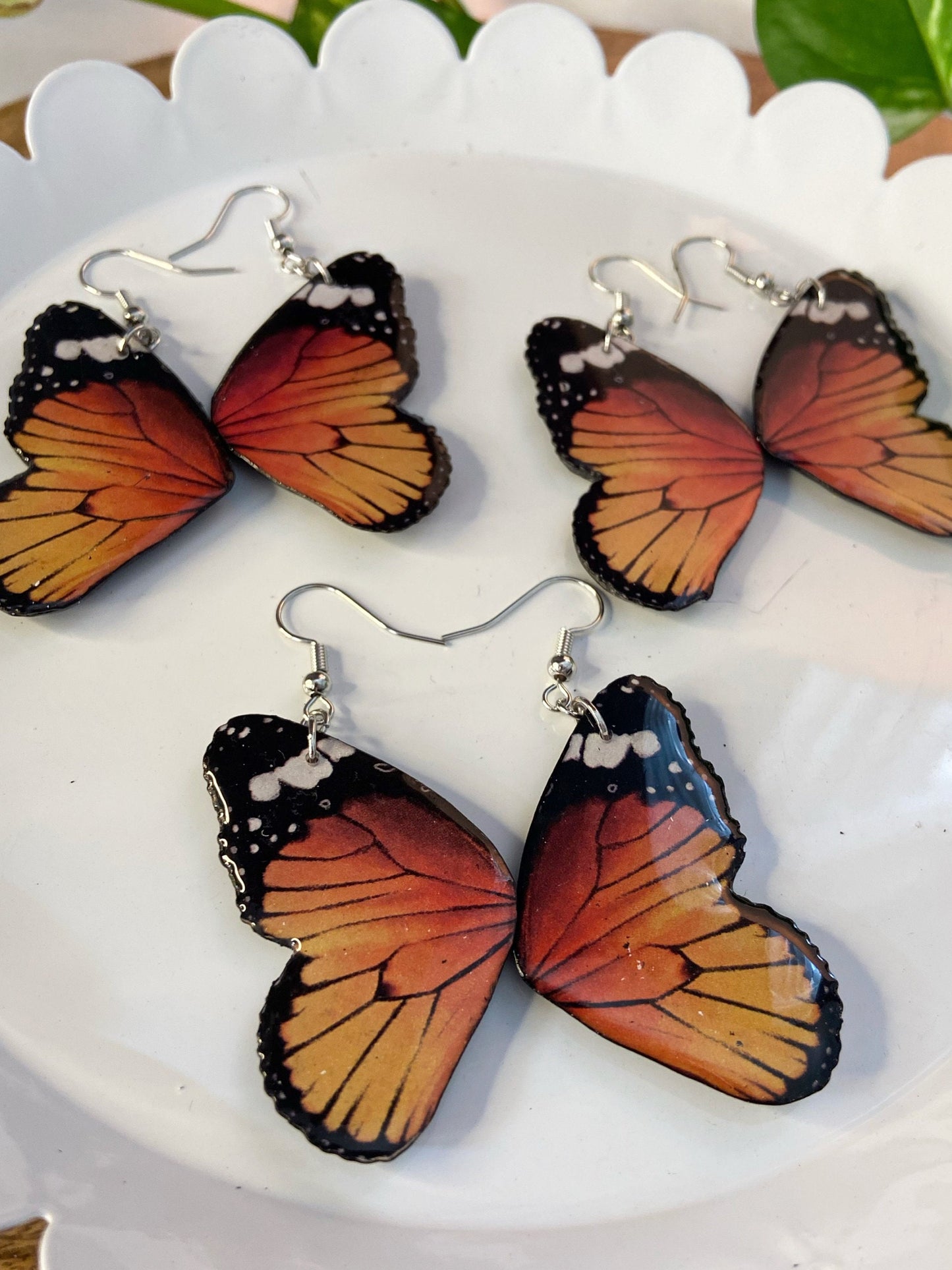 Butterfly Wings- Monarch upcycled paper earrings, faux insect fairy cottage core jewelry