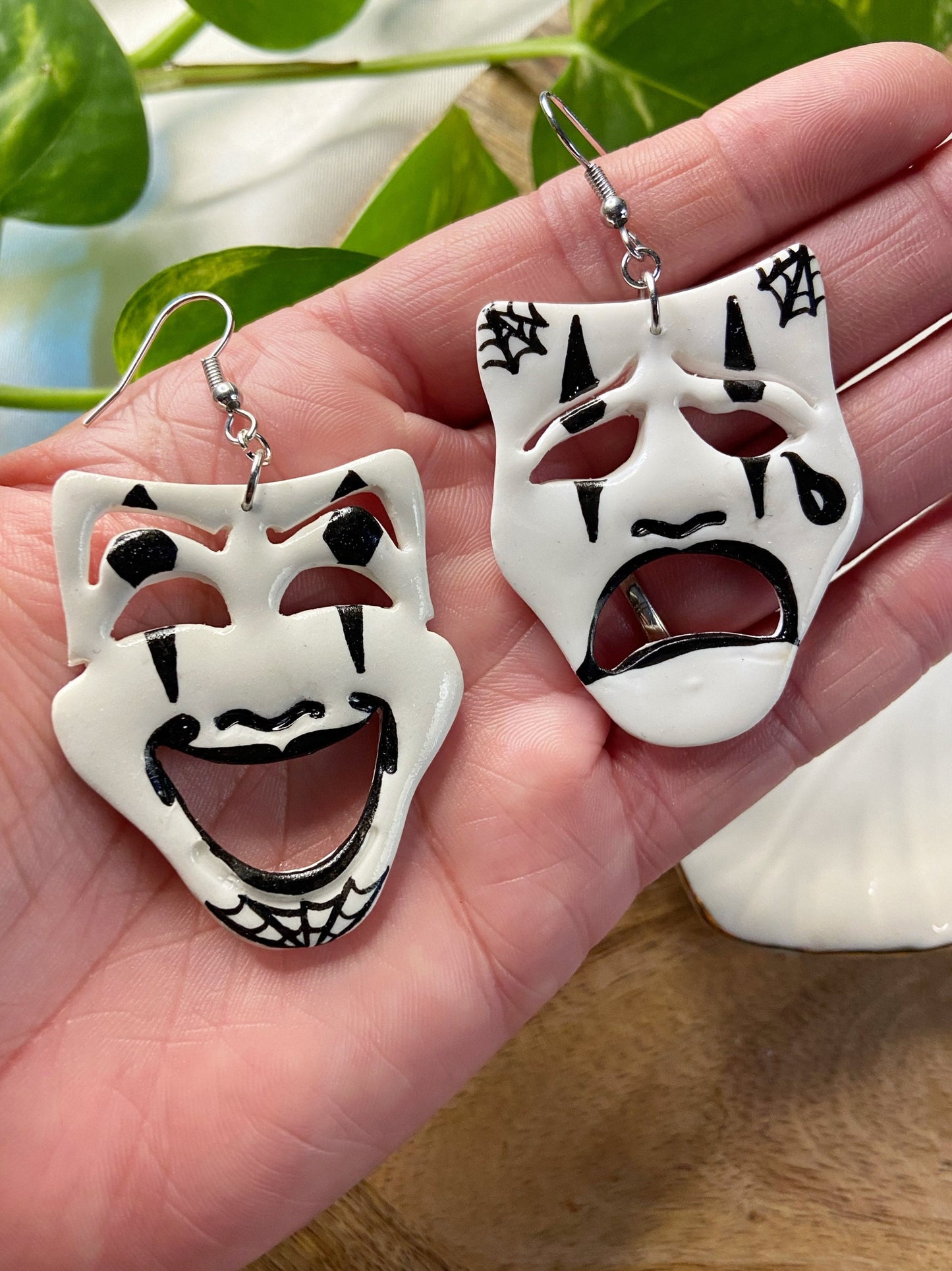 Tattoo Earrings- Smile now cry later masquerade theater mask earrings, polymer clay novelty counter culture payaso comedy tragedy