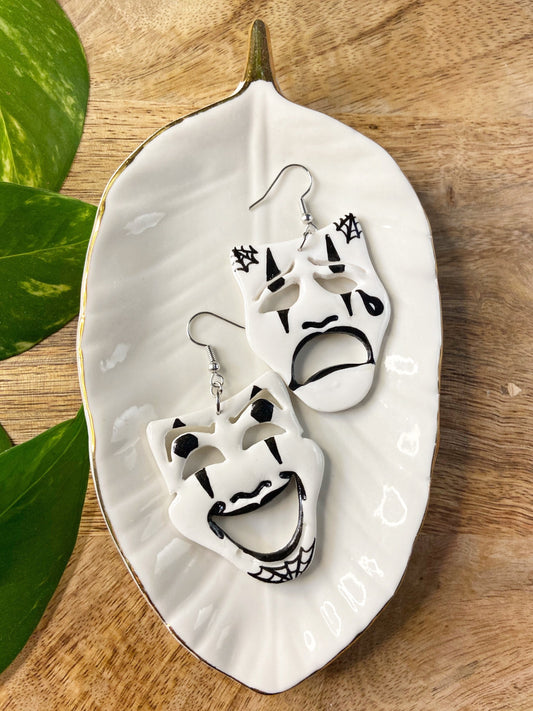 Tattoo Earrings- Smile now cry later masquerade theater mask earrings, polymer clay novelty counter culture payaso comedy tragedy