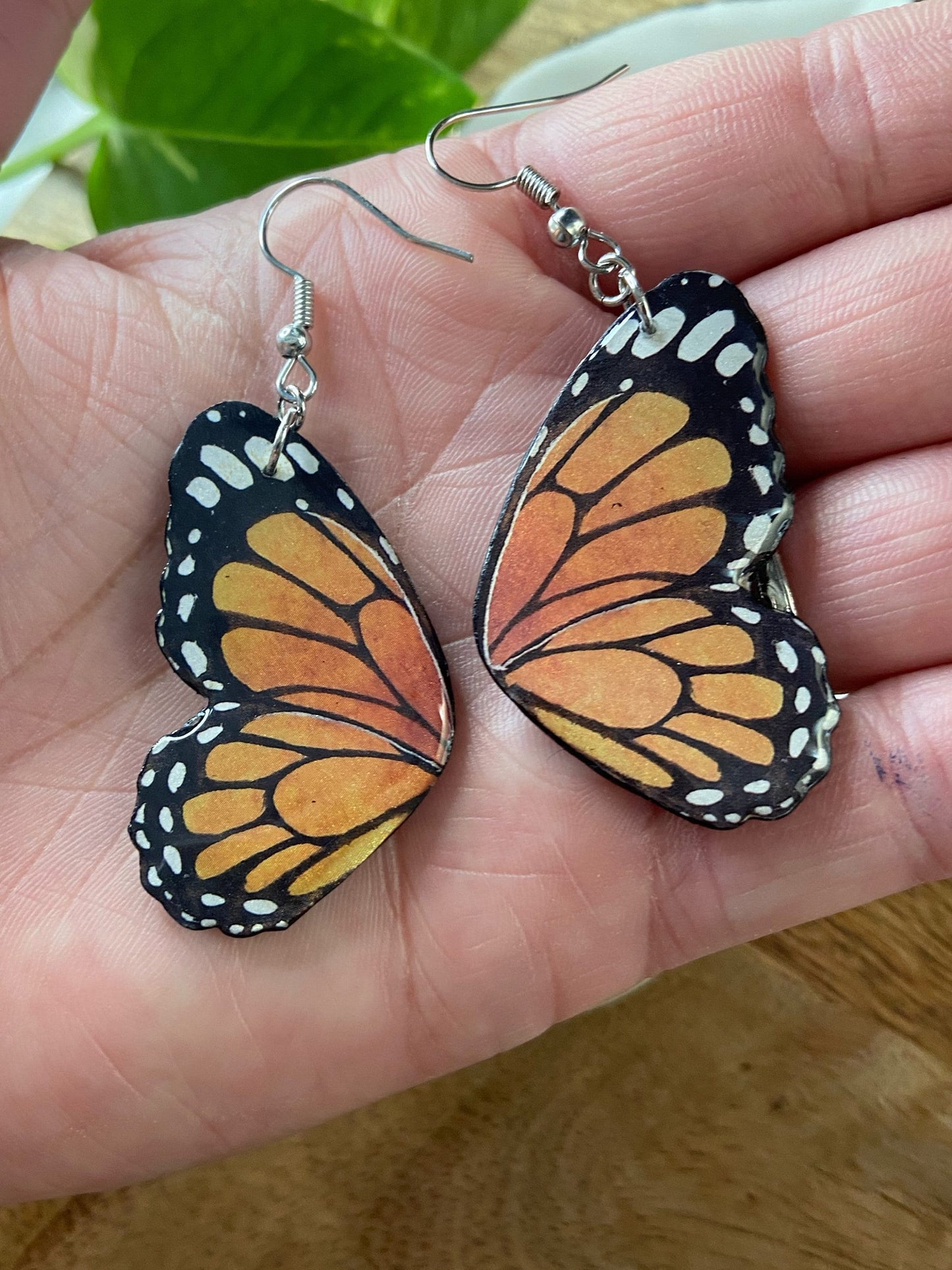 Butterfly Wings- Monarch upcycled paper earrings, statement faux insect jewelry