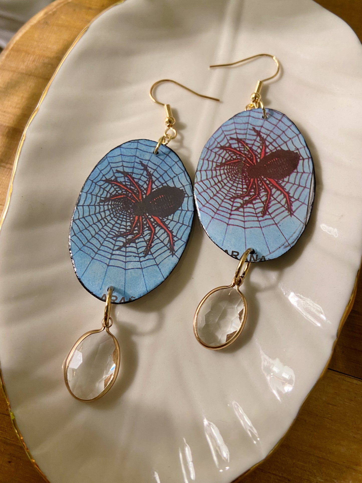 Loteria Cards- Upcycled paper "La Arana" oval statement earrings, spider novelty jewelry