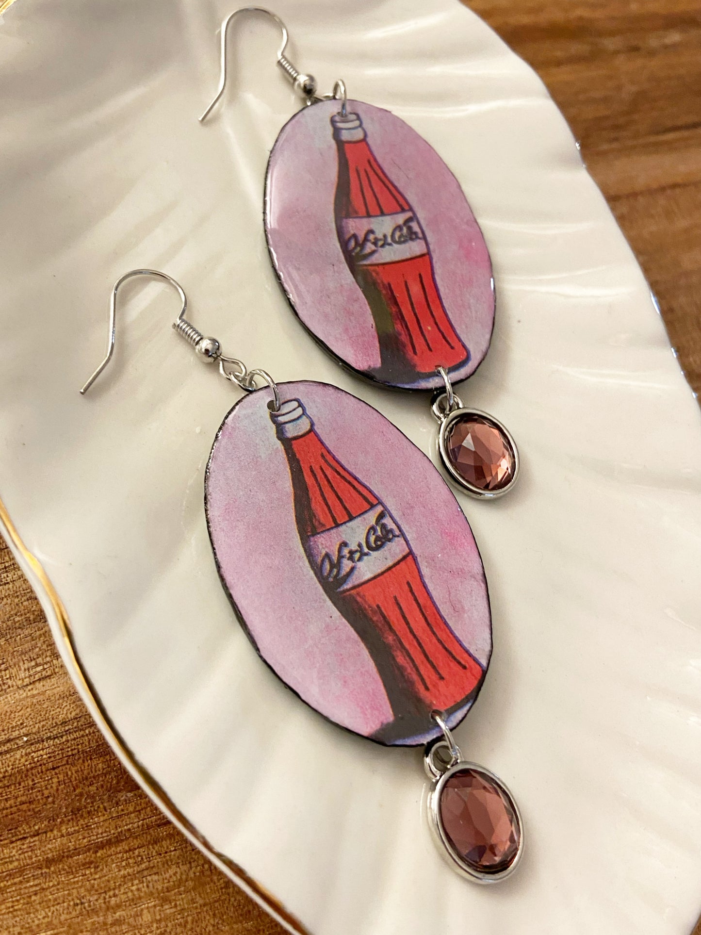 Loteria Cards- Upcycled paper "La Botella" oval statement earrings with burgundy glass bead dangle