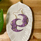 Sleepy Moons- Purple celestial crescent moon earrings with hand-painted gold mandala