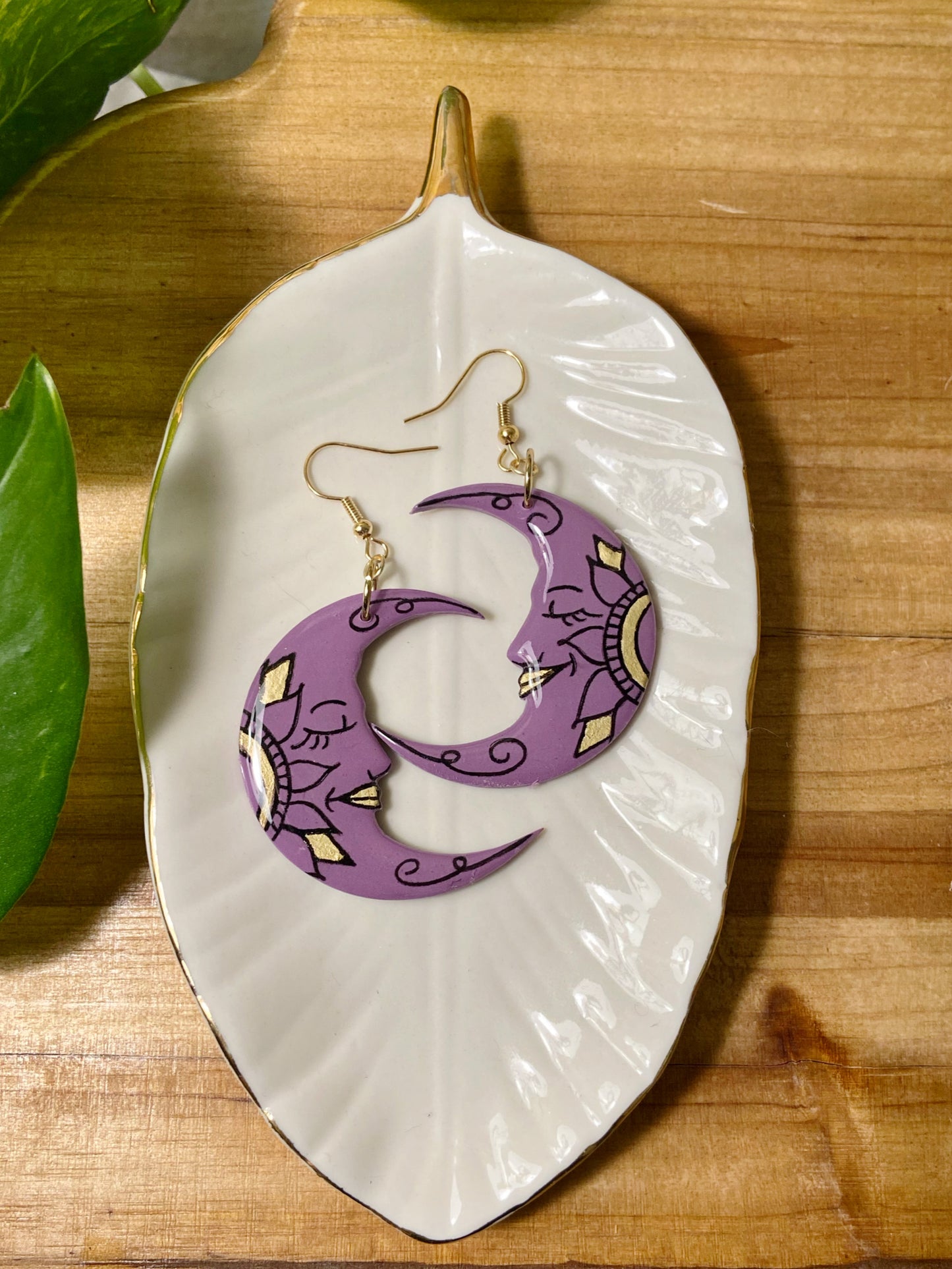 Sleepy Moons- Purple celestial crescent moon earrings with hand-painted gold mandala
