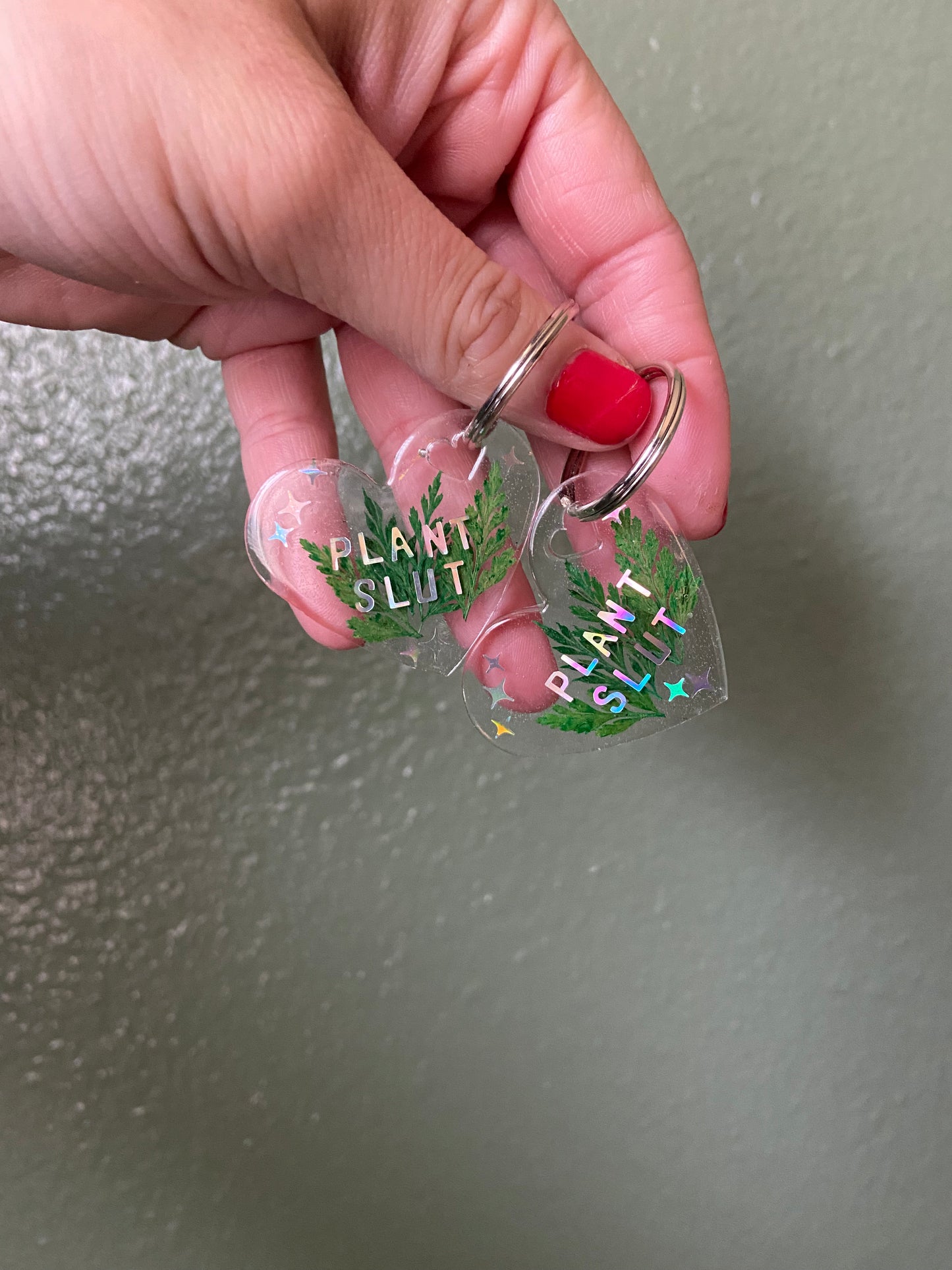 Plant Slut- Holographic letters custom keychain with real pressed leaves, heart shape