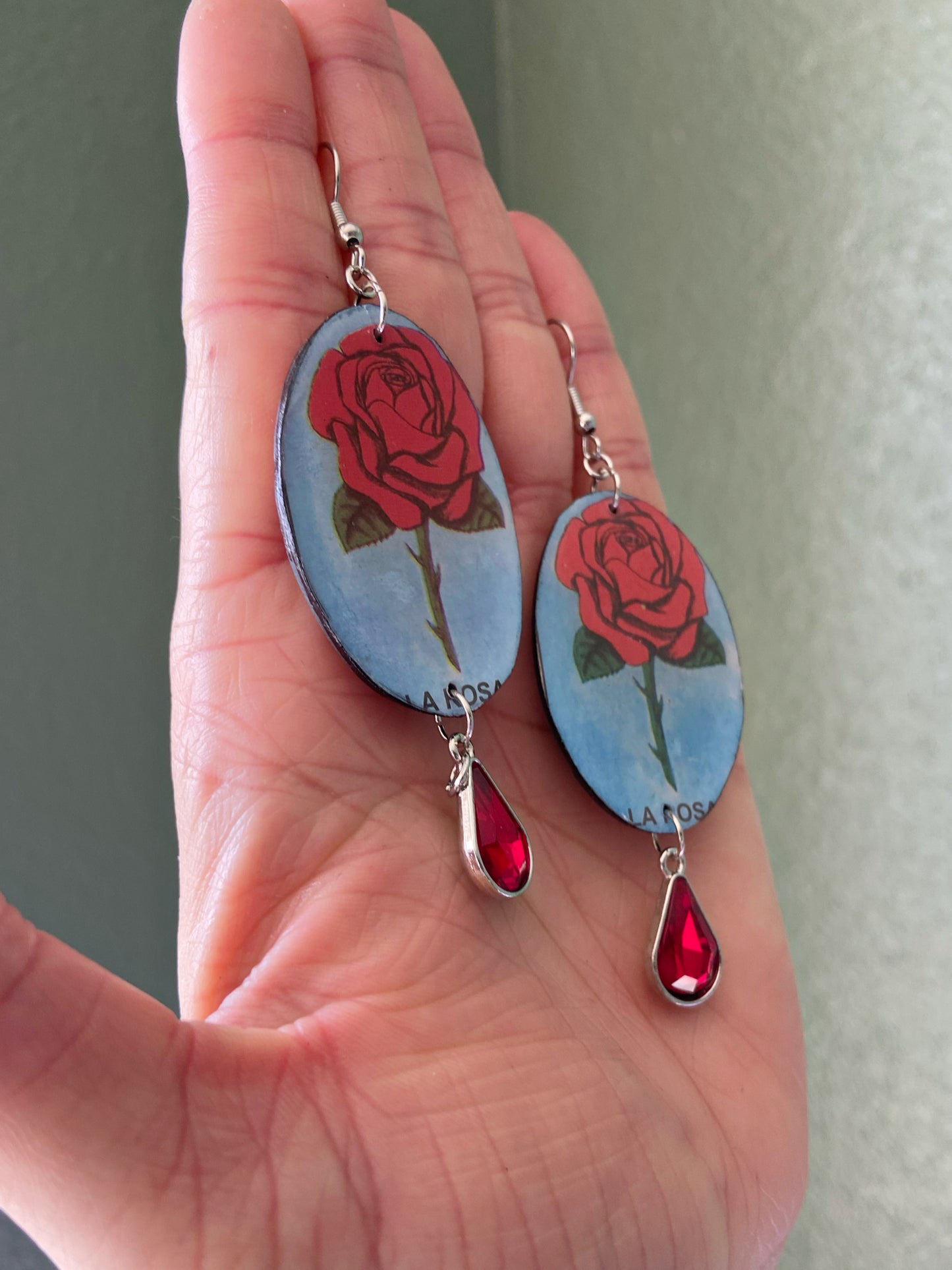 Loteria Cards- Upcycled paper "La Rosa" oval earrings with red faceted glass crystal bead dangle