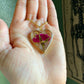 Roses- Red pressed rose buds & gold flake inside gold open heart-shaped matte pendant, 16" gold-plated chain included