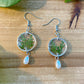 Greenery- Pressed leaves in open silver circle earrings with pearl drop dangle bead