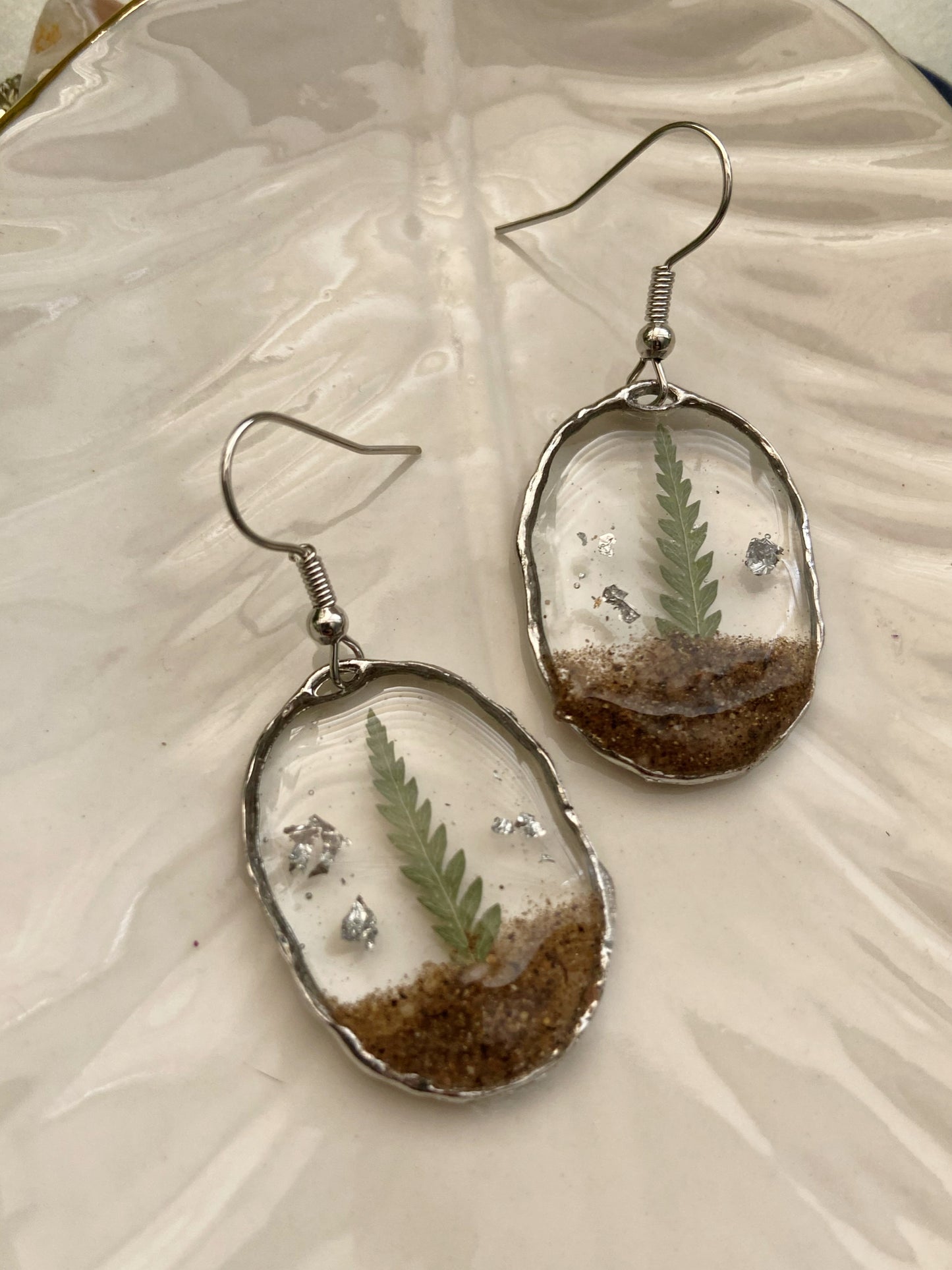 Mini Terrariums- Real soil, pressed leaves & silver flake in open oval earrings (silver)