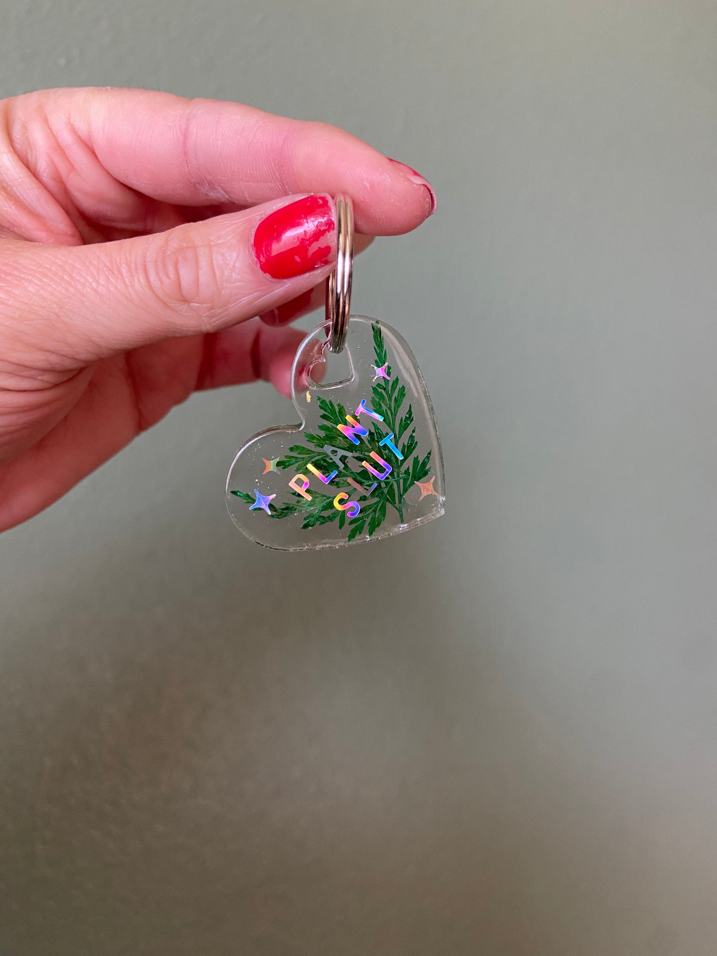 Plant Slut- Holographic letters custom keychain with real pressed leaves, heart shape