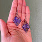 Larkspur- Purple pressed flowers inside silver open diamond-shaped earrings, preserved botanical jewelry