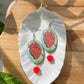 Loteria Cards- Upcycled paper "El Corazon" oval statement earrings with red rose dangle