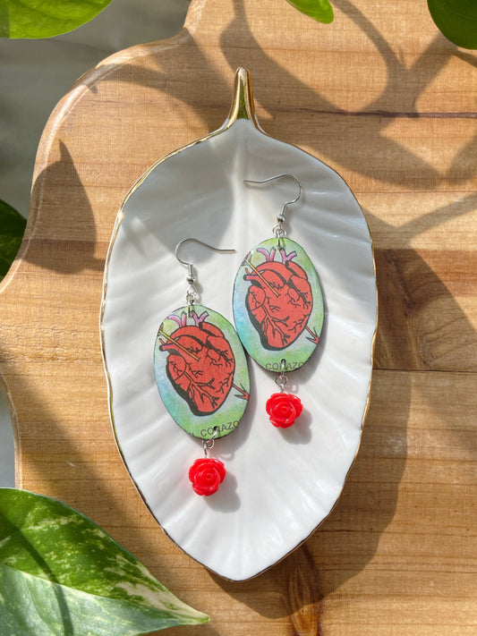 Loteria Cards- Upcycled paper "El Corazon" oval statement earrings with red rose dangle