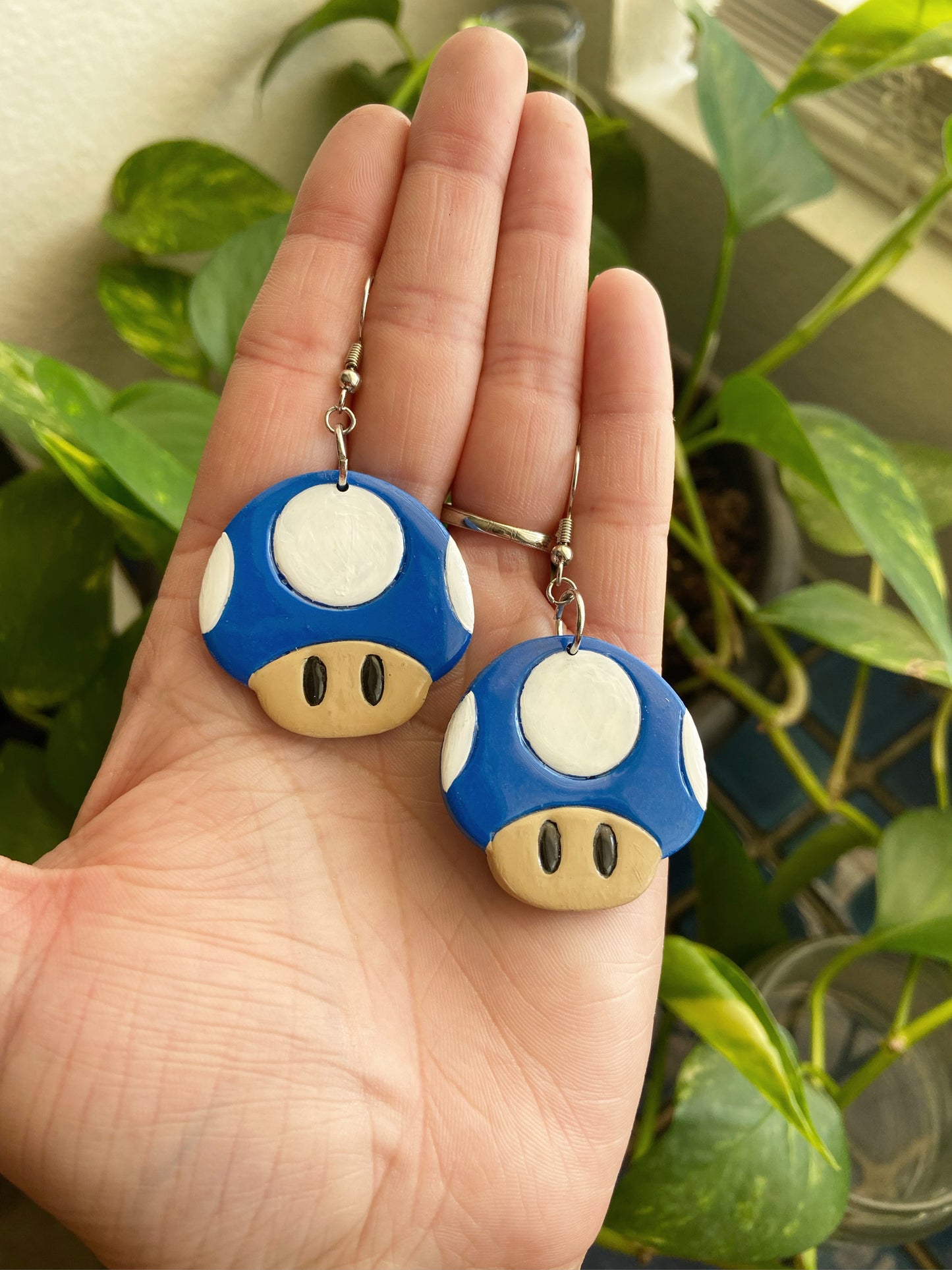 Super Mario- Blue mushroom polymer clay earrings, video game inspired jewelry