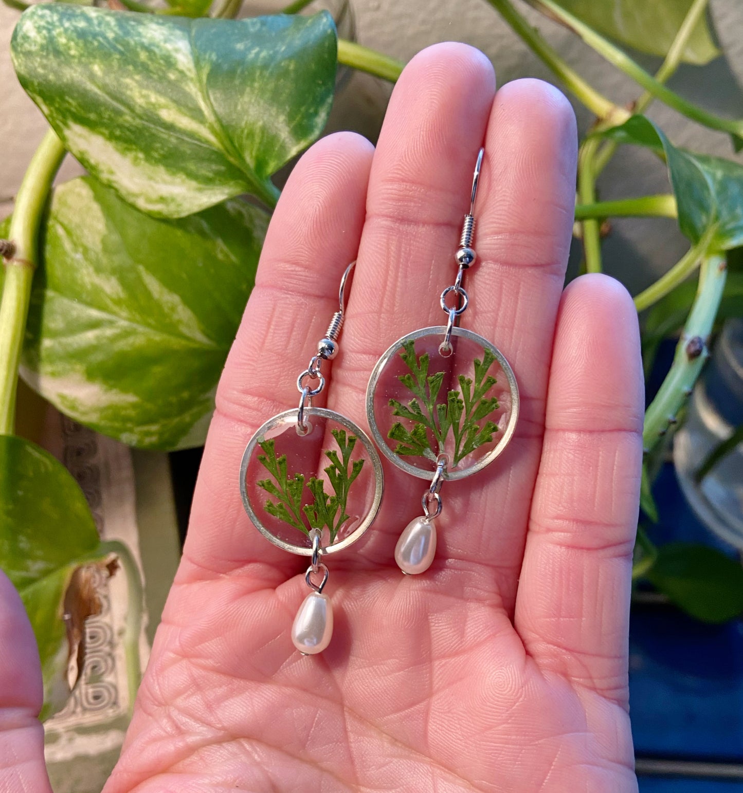 Greenery- Pressed leaves in open silver circle earrings with pearl drop dangle bead