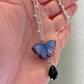 Mini Butterflies- Upcycled paper blue & purple morpho butterfly pendant with black glass bead dangle, 17" sterling silver plated chain included