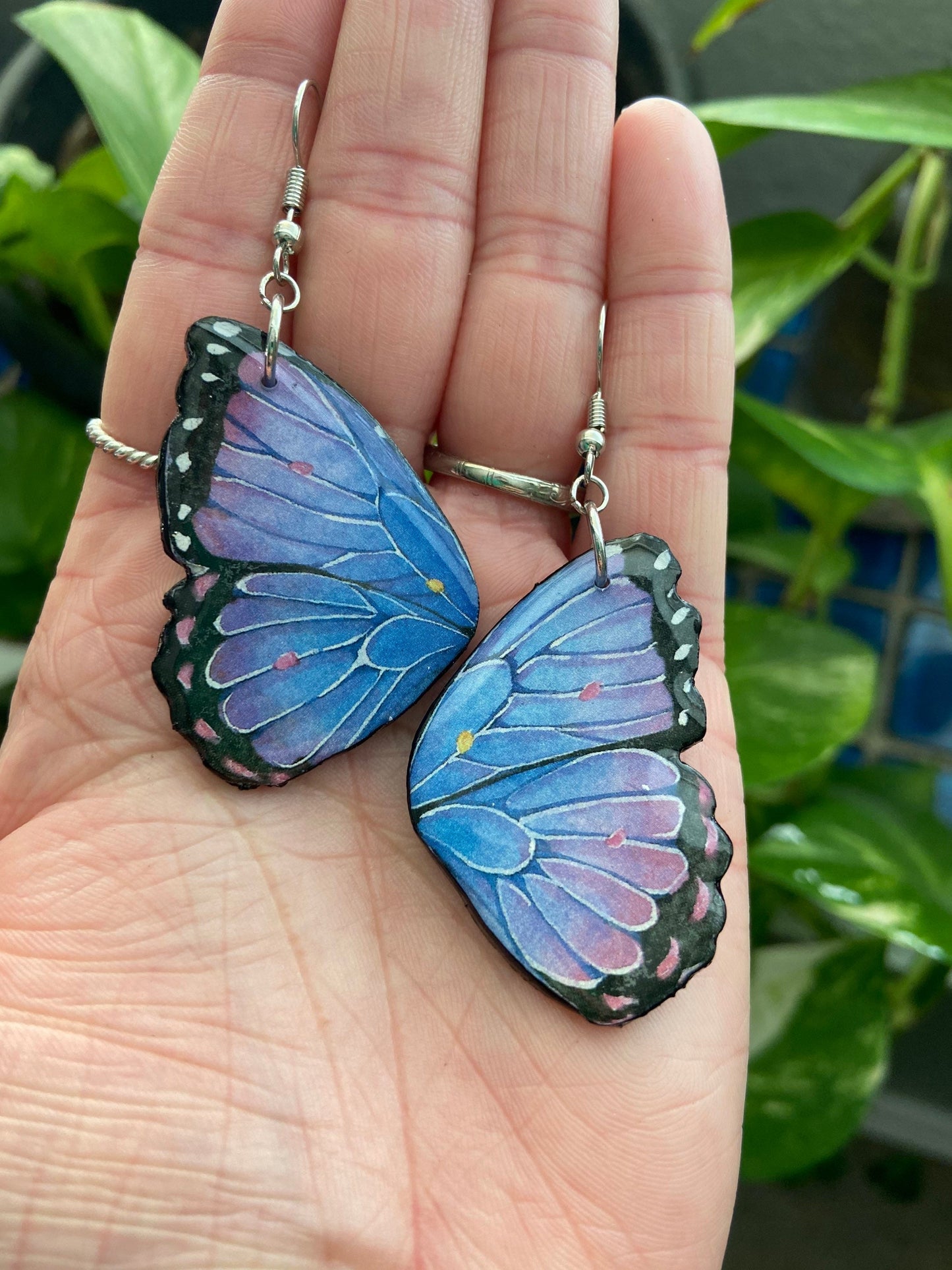 Butterfly Wings- Purple & blue morpho upcycled paper earrings, fairy cottage core jewelry
