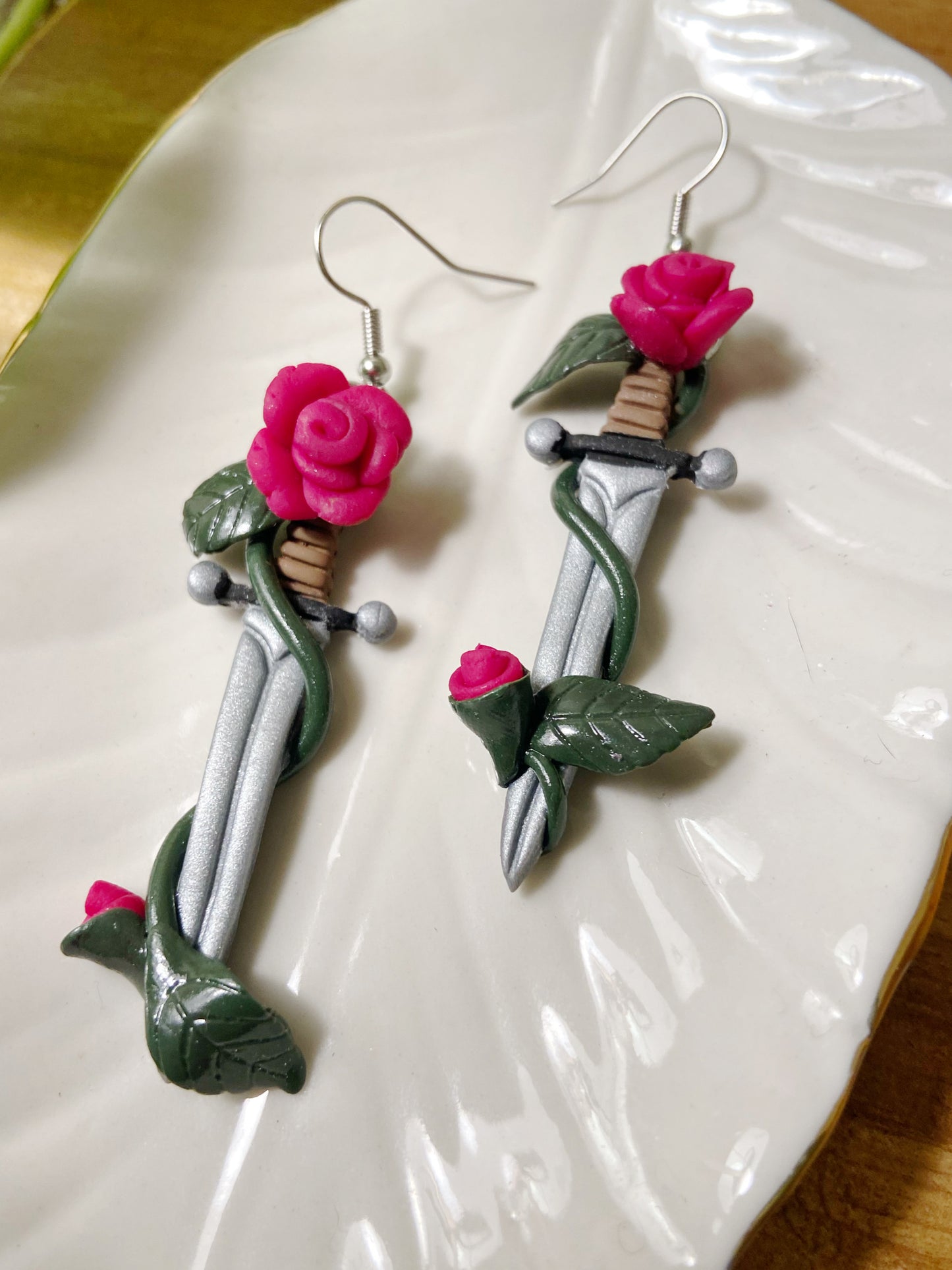 Sculpted Swords- Hot pink rose handmade polymer clay sword earrings, novelty romance jewelry