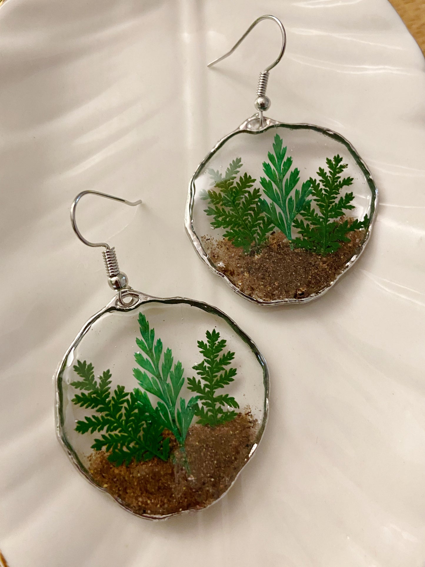 Terrariums- Soil & pressed fern earrings, preserved botanical jewelry (silver)