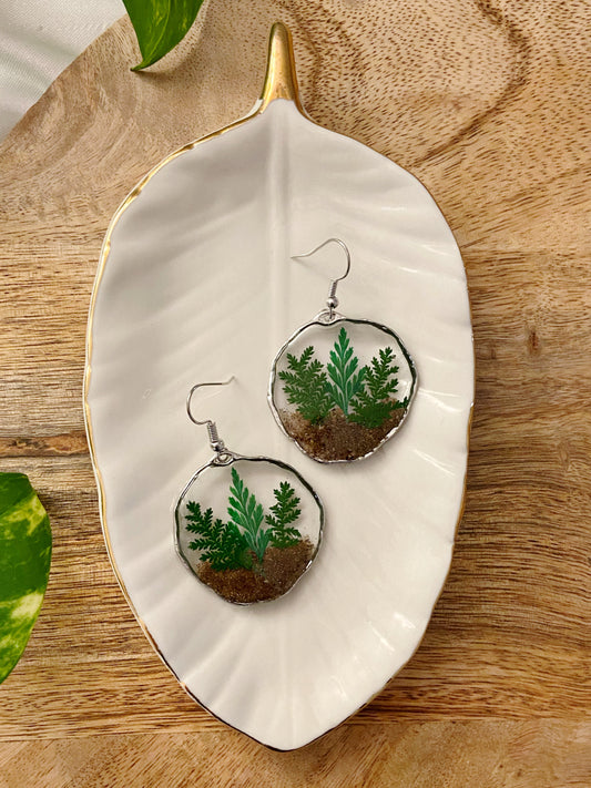 Terrariums- Soil & pressed fern earrings, preserved botanical jewelry (silver)