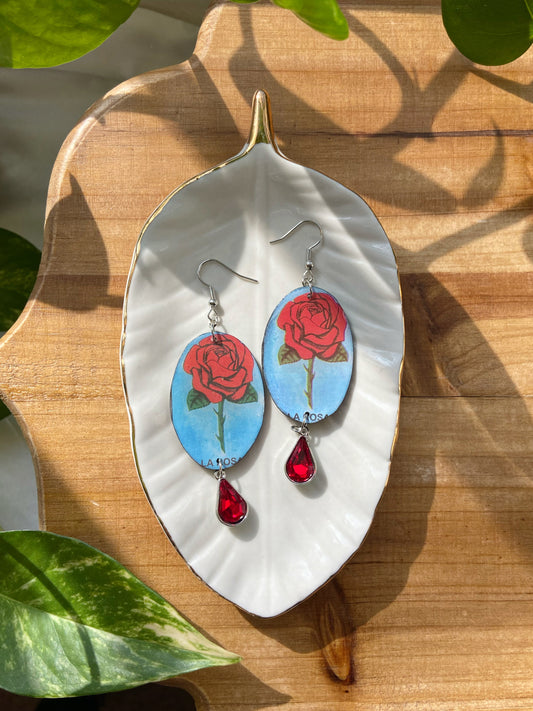 Loteria Cards- Upcycled paper "La Rosa" oval earrings with red faceted glass crystal bead dangle