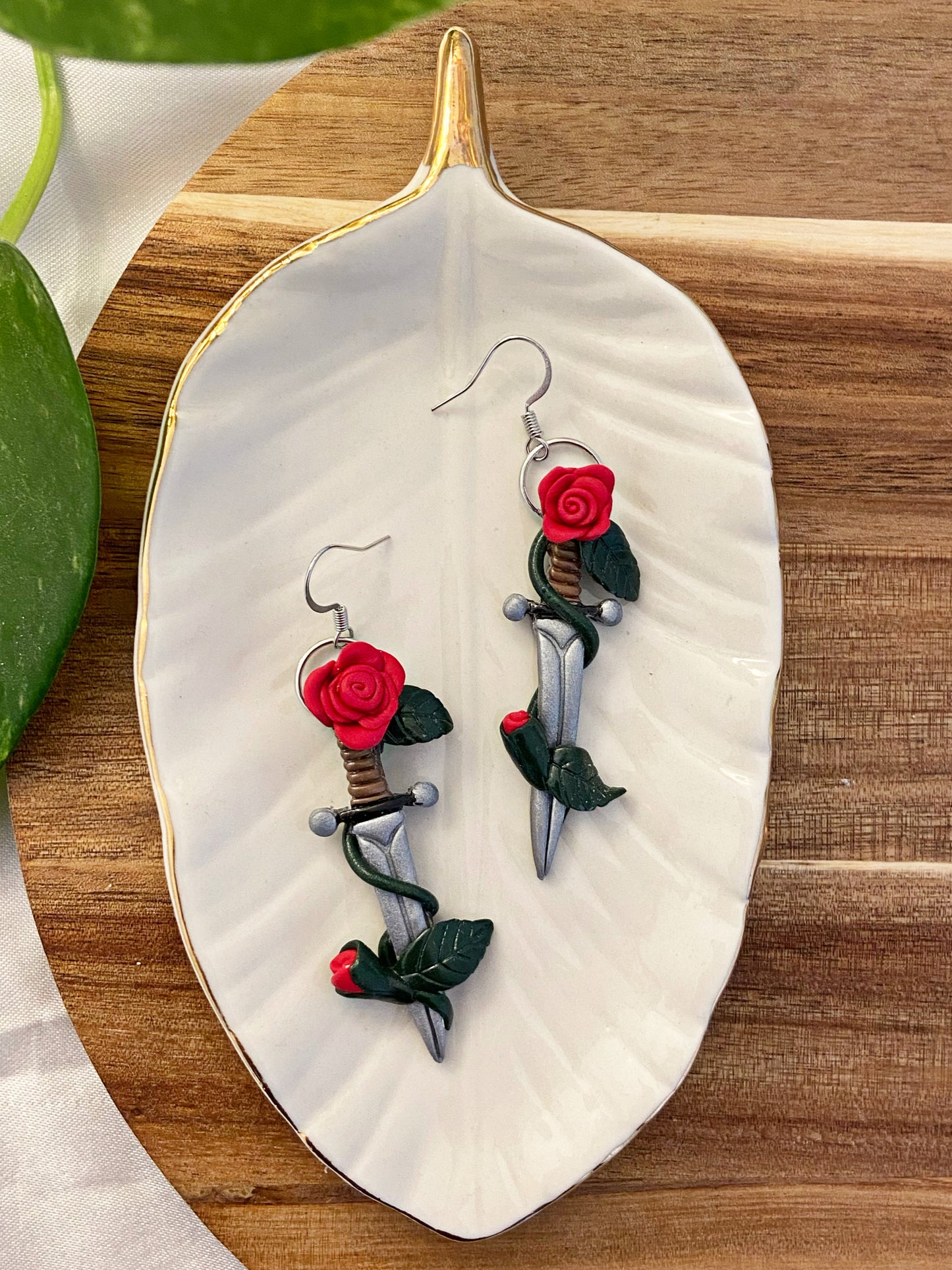 Sculpted Swords- Red rose handmade polymer clay sword earrings, novelty romance jewelry